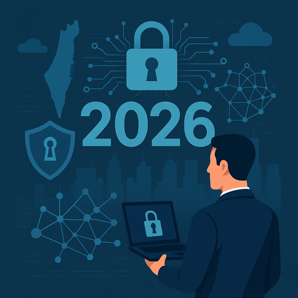 "איור המייצג את עתיד הסייבר ואבטחת המידע בישראל בשנת 2026, עם מומחה אבטחה ומפת ישראל."